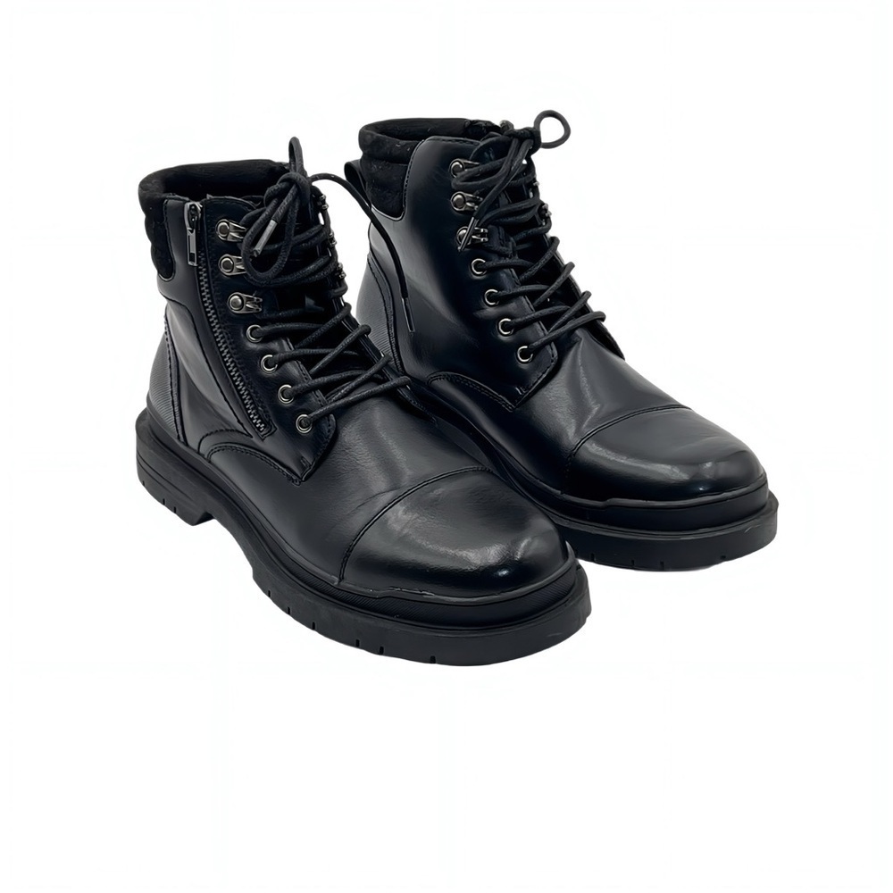 Gordon Rush Mens Black Leather Combat Boots Size 9 Cap Toe Side Zipper Lug Sole